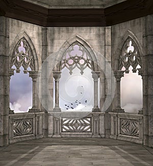 Medieval fantasy balcony overlooking a cloudy sky photo